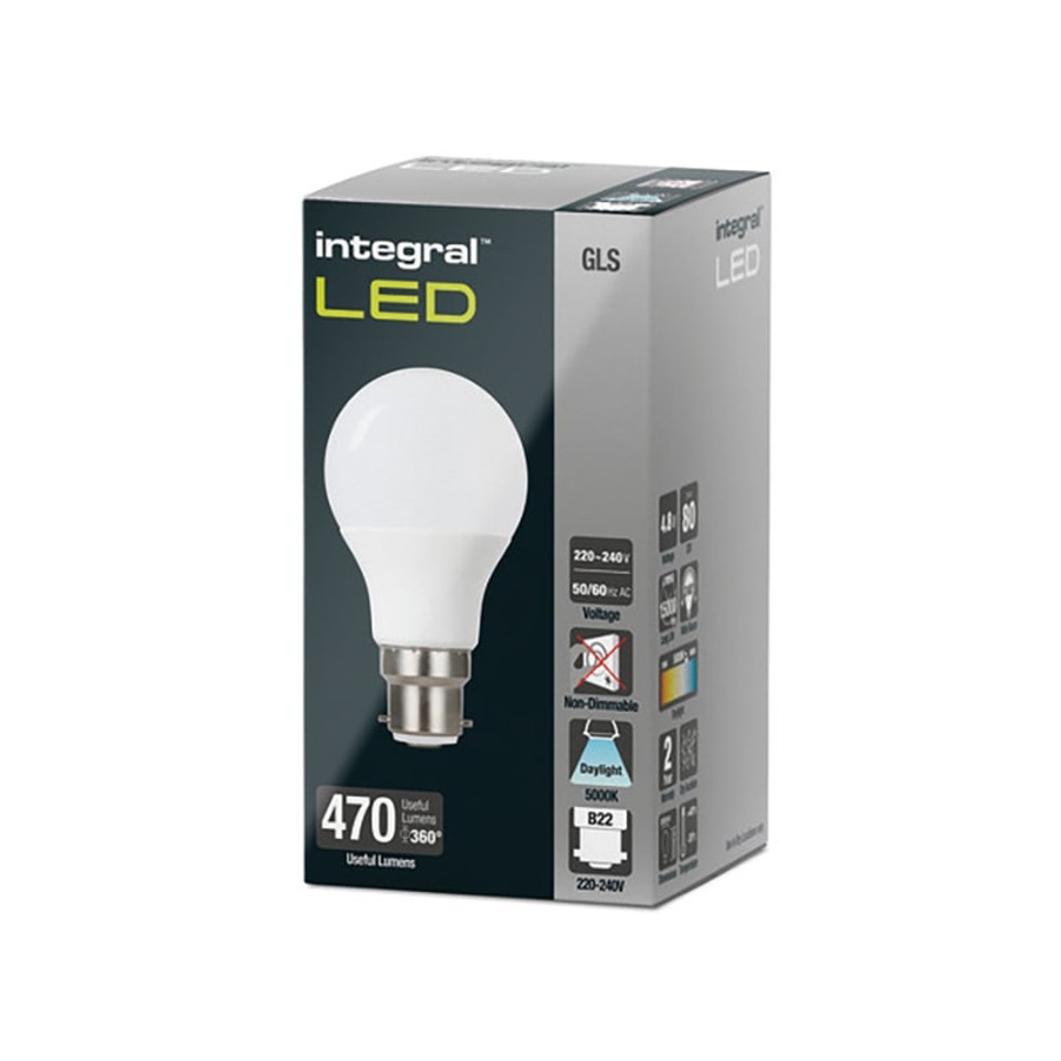 Integral 4.8w 220-240v 470lm LED GLS B22 5000k Daylight Non-Dimmable 240 Degree Beam Frosted ILGLSB22NF112 Integral 4.8w 220-240v 470lm LED GLS B22 5000k Daylight Non-Dimmable 240 Degree Beam Frosted ILGLSB22NF112