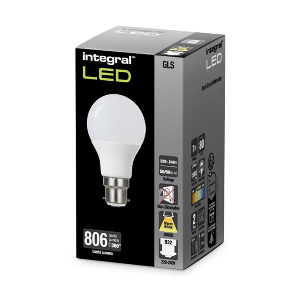 Integral 7w 220-240v 806lm LED GLS B22 3000k Warm White Non-Dimmable 240 Degree Beam Frosted ILGLSB22ND150