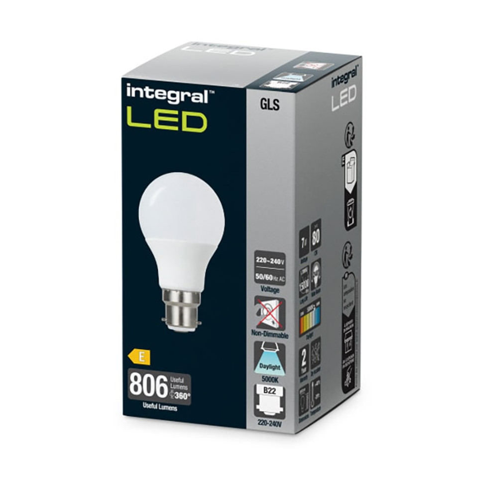 Integral 7w 220-240v 806lm LED GLS B22 5000k Daylight Non-Dimmable 240 Degree Beam Frosted ILGLSB22NF073 Integral 7w 220-240v 806lm LED GLS B22 5000k Daylight Non-Dimmable 240 Degree Beam Frosted ILGLSB22NF073