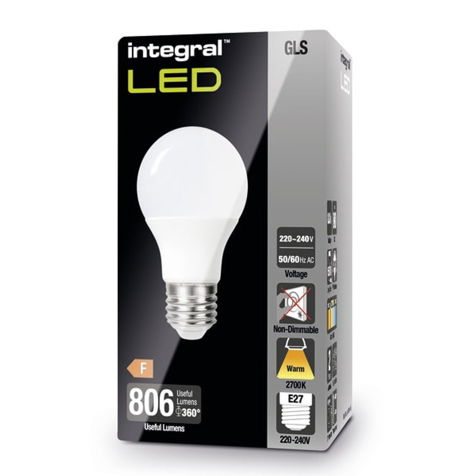 Integral 8.8w 220-240v 806lm LED GLS E27 2700k Warm White Non-Dimmable 240 Degree Beam Frosted ILGLSE27NC088 Integral 8.8w 220-240v 806lm LED GLS E27 2700k Warm White Non-Dimmable 240 Degree Beam Frosted ILGLSE27NC088