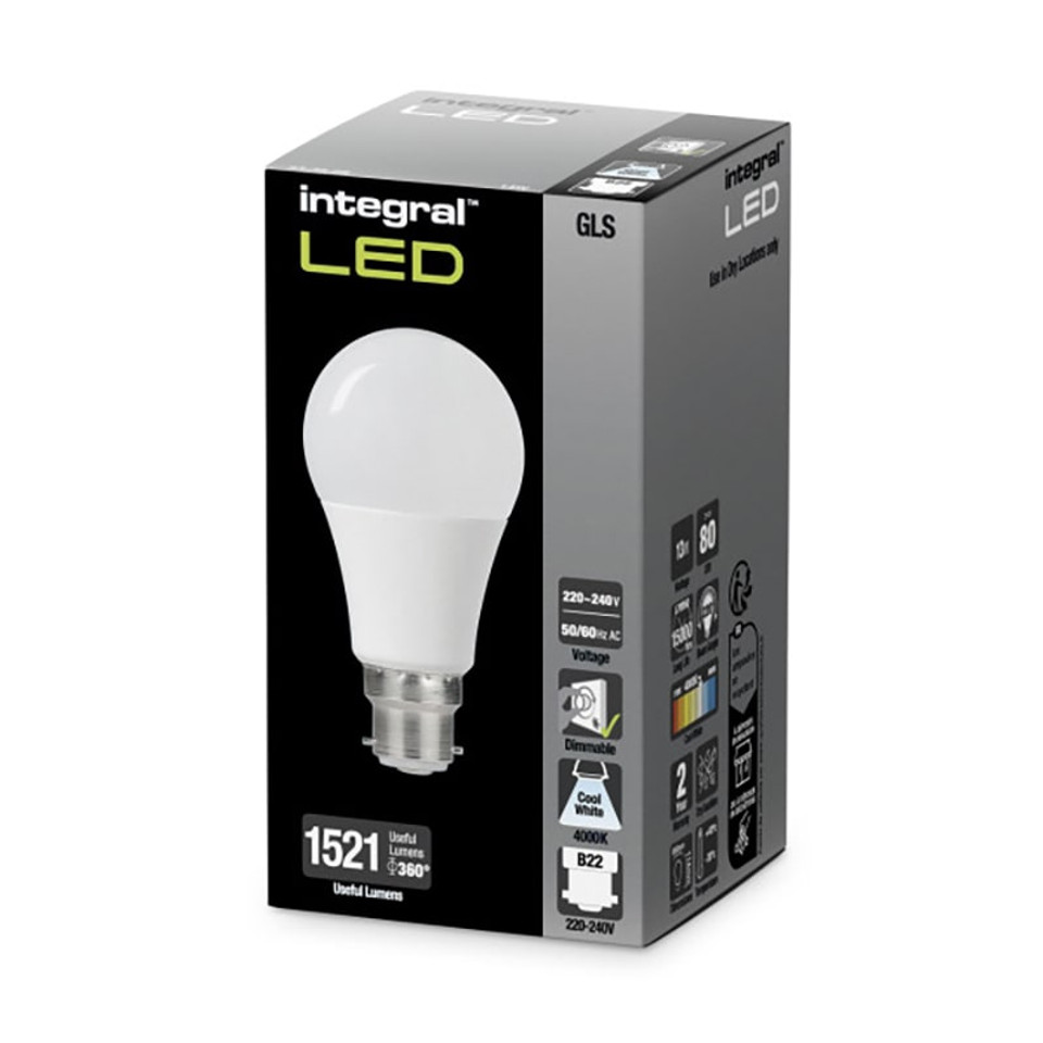 Integral 13w 220-240v 1521lm LED GLS B22 4000k Cool White Dimmable 220 Degree Beam Frosted ILGLSB22DE158