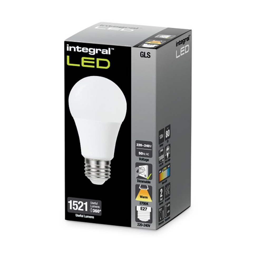 Integral 14w 220-240v 1521lm LED GLS E27 2700k Warm White Dimmable 220 Degree Beam Frosted ILGLSE27DC032 Integral 14w 220-240v 1521lm LED GLS E27 2700k Warm White Dimmable 220 Degree Beam Frosted ILGLSE27DC032