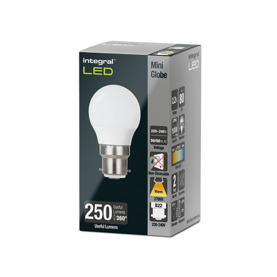 Integral 2.2w 220-240v 250lm LED Golfball B22 2700k Warm White Non-Dimmable 240 Degree Beam Frosted ILGOLFB22NC051 Integral 2.2w 220-240v 250lm LED Golfball B22 2700k Warm White Non-Dimmable 240 Degree Beam Frosted ILGOLFB22NC051