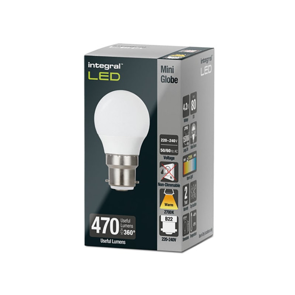 Integral 4.2w 220-240v 470lm LED Golfball B22 2700k Warm White Non-Dimmable 240 Degree Beam Frosted ILGOLFB22NC018 Integral 4.2w 220-240v 470lm LED Golfball B22 2700k Warm White Non-Dimmable 240 Degree Beam Frosted ILGOLFB22NC018
