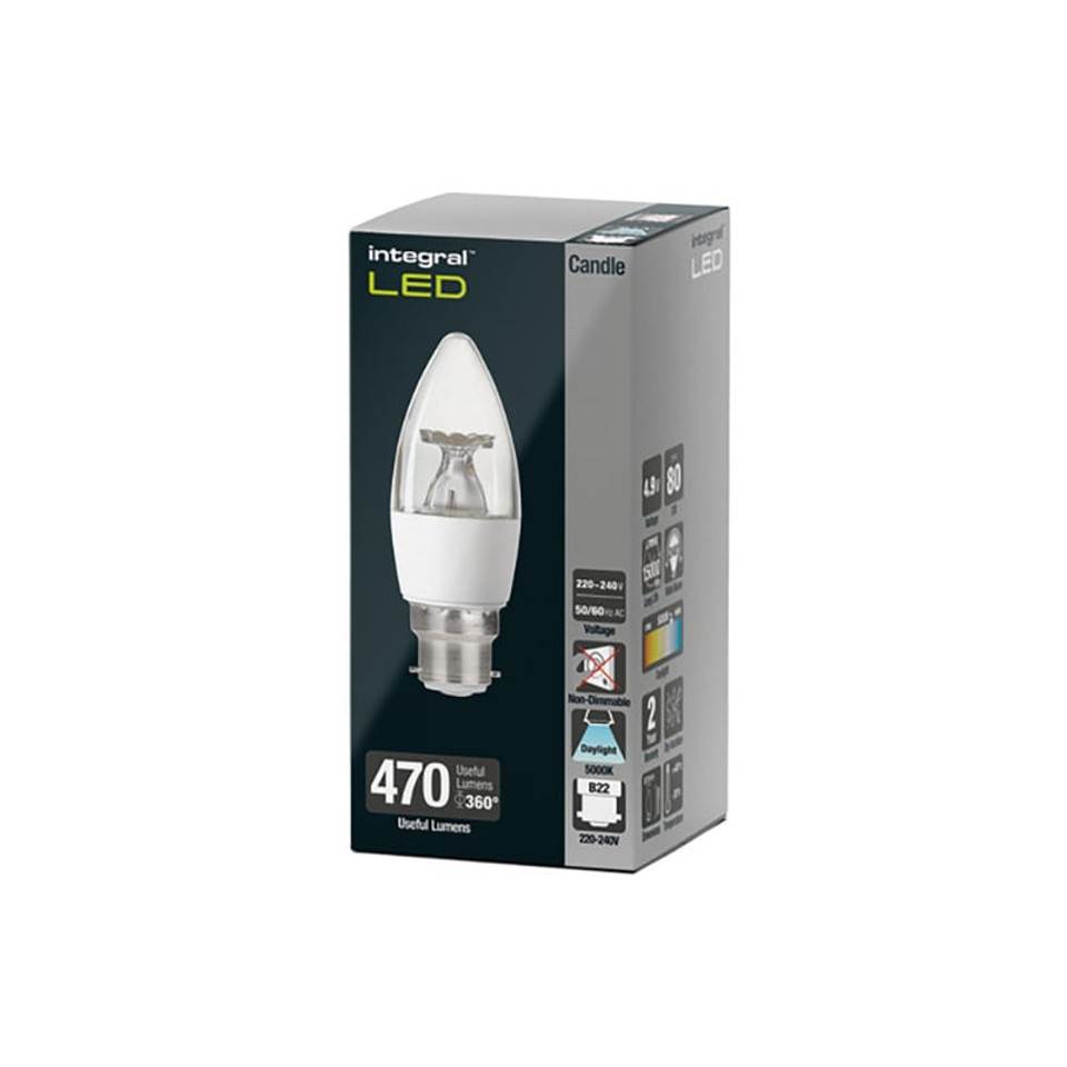 Integral 4.9w 220-240v 470lm LED Candle B22 5000k Daylight Non-Dimmable 240 Degree Beam Clear ILCANDB22NF063 Integral 4.9w 220-240v 470lm LED Candle B22 5000k Daylight Non-Dimmable 240 Degree Beam Clear ILCANDB22NF063