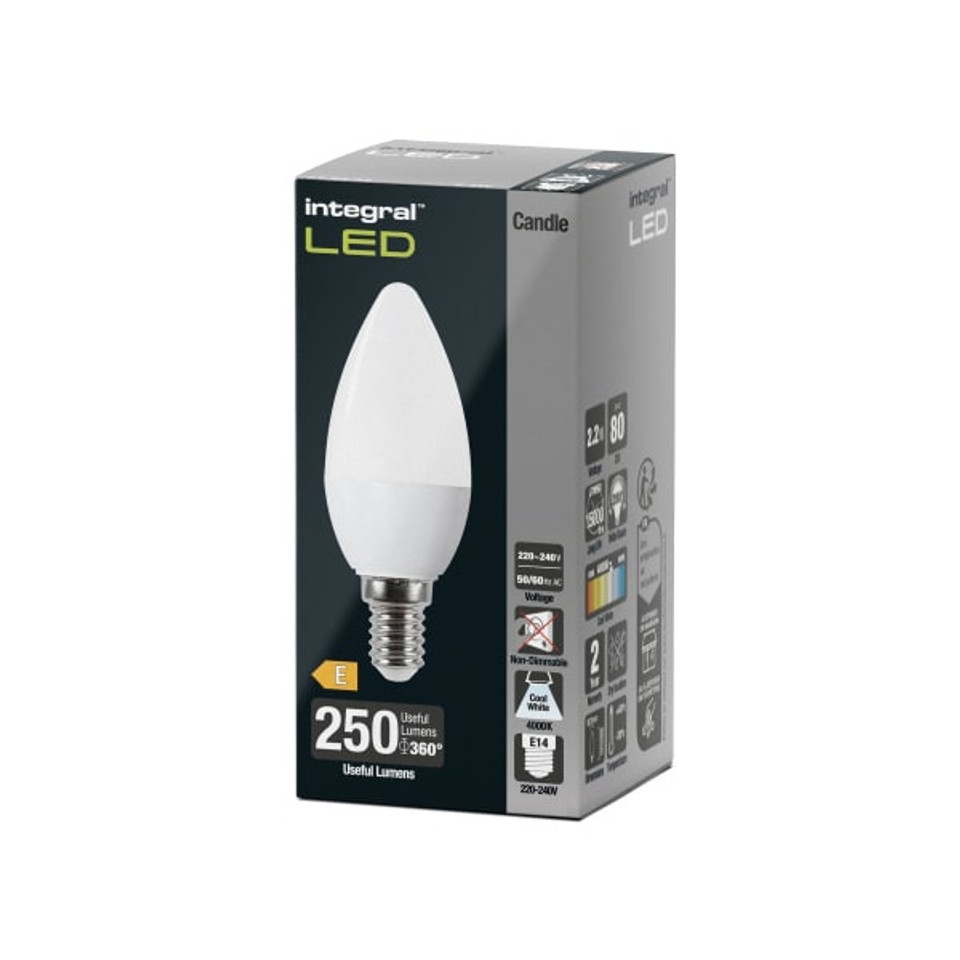 Integral 2.2w 220-240v 250lm LED Candle E14 4000k Cool White Non-Dimmable 280 Degree Beam Frosted ILCANDE14NE086 Integral 2.2w 220-240v 250lm LED Candle E14 4000k Cool White Non-Dimmable 280 Degree Beam Frosted ILCANDE14NE086
