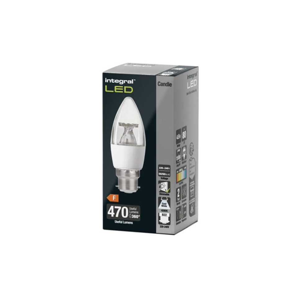 Integral 4.9w 220-240v 470lm LED Candle B22 4000k Cool White Dimmable 240 Degree Beam Clear ILCANDB22DE093