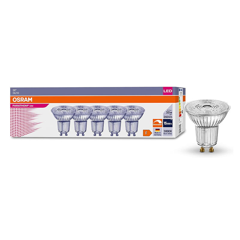 OSRAM GU10 LED Spotlight Bulbs 4.5W 50W Equivalent Warm White 3000K Dimmable – 5 Pack