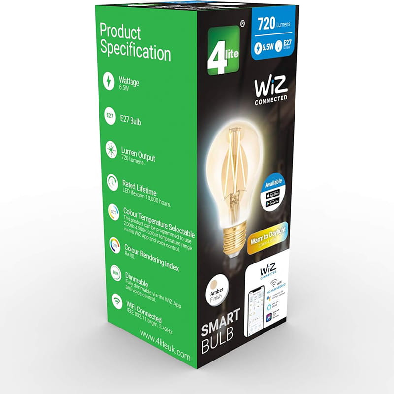 4Lite WiZ Connected SMART LED WiFi Filament Bulb 6.5W E27 GLS Clear Amber - 4L1/8016