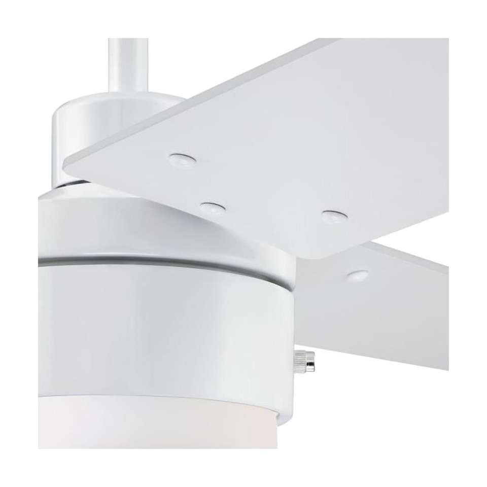 Modern white ceiling fan with integrated LED light – features a sleek 3-blade design, ideal for contemporary interiors. This energy-efficient fan provides powerful air circulation and ambient lighting in one stylish fixture. Perfect for bedrooms, kitchens, and office spaces. Durable finish, low-noise motor, and minimalist aesthetic make it a versatile choice for modern homes and commercial spaces.
