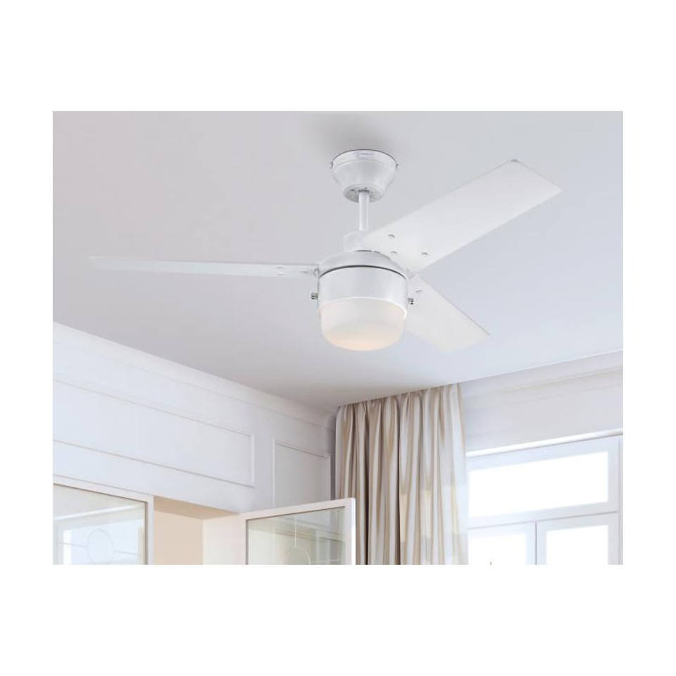 Modern white ceiling fan with integrated LED light – features a sleek 3-blade design, ideal for contemporary interiors. This energy-efficient fan provides powerful air circulation and ambient lighting in one stylish fixture. Perfect for bedrooms, kitchens, and office spaces. Durable finish, low-noise motor, and minimalist aesthetic make it a versatile choice for modern homes and commercial spaces.