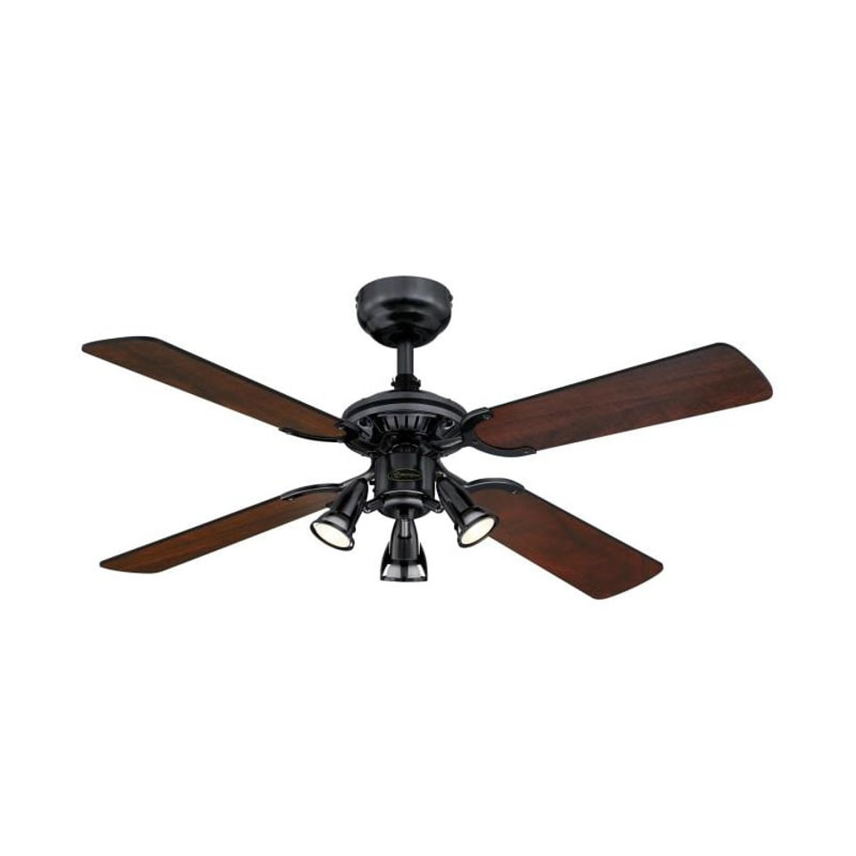 Westinghouse Princess Euro 105 cm Ceiling Fan – Brushed Gun Metal, Black/Applewood Blades, 3 Spot Lights 73061