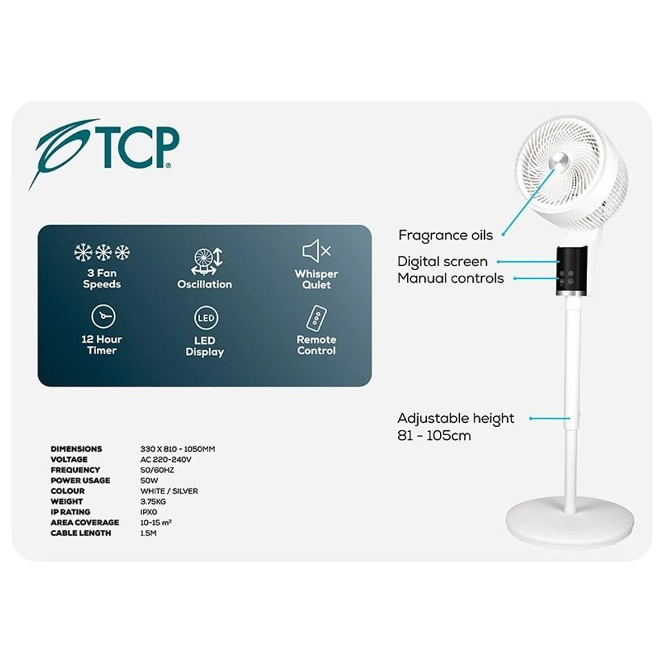 TCP White Pedestal Fan – Quiet, 3D Oscillation, Remote Control & Powerful Cooling TCP White Pedestal Fan – Quiet, 3D Oscillation, Remote Control & Powerful Cooling