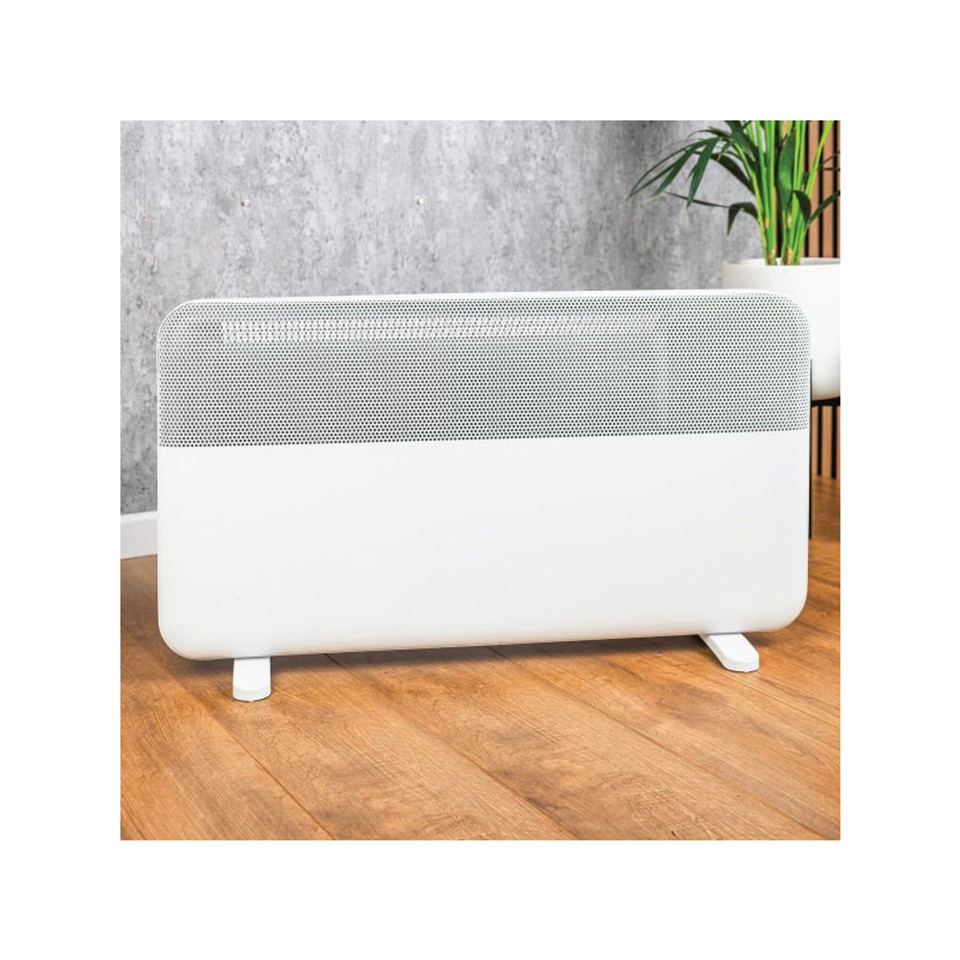 TCP 2000W white electric panel heater on wall — wall-mounted mode with slim profile and LED display