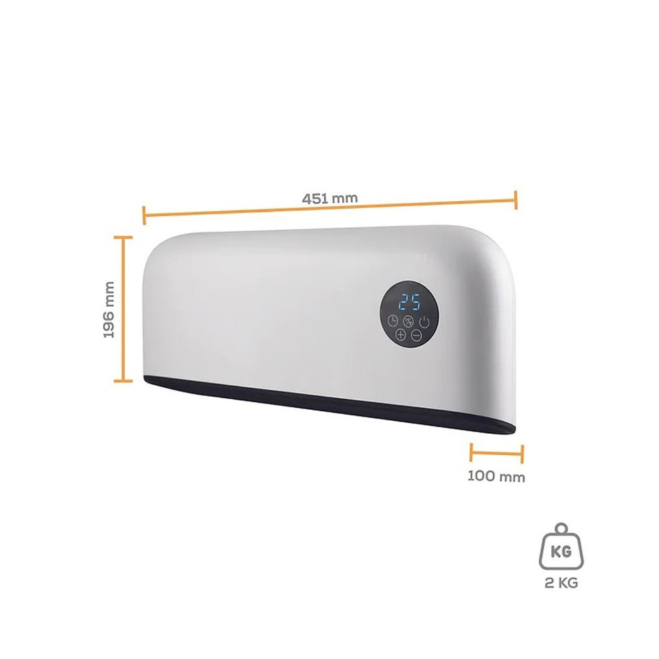 Side view of TCP Smart ceramic wall heater showing compact, curved design