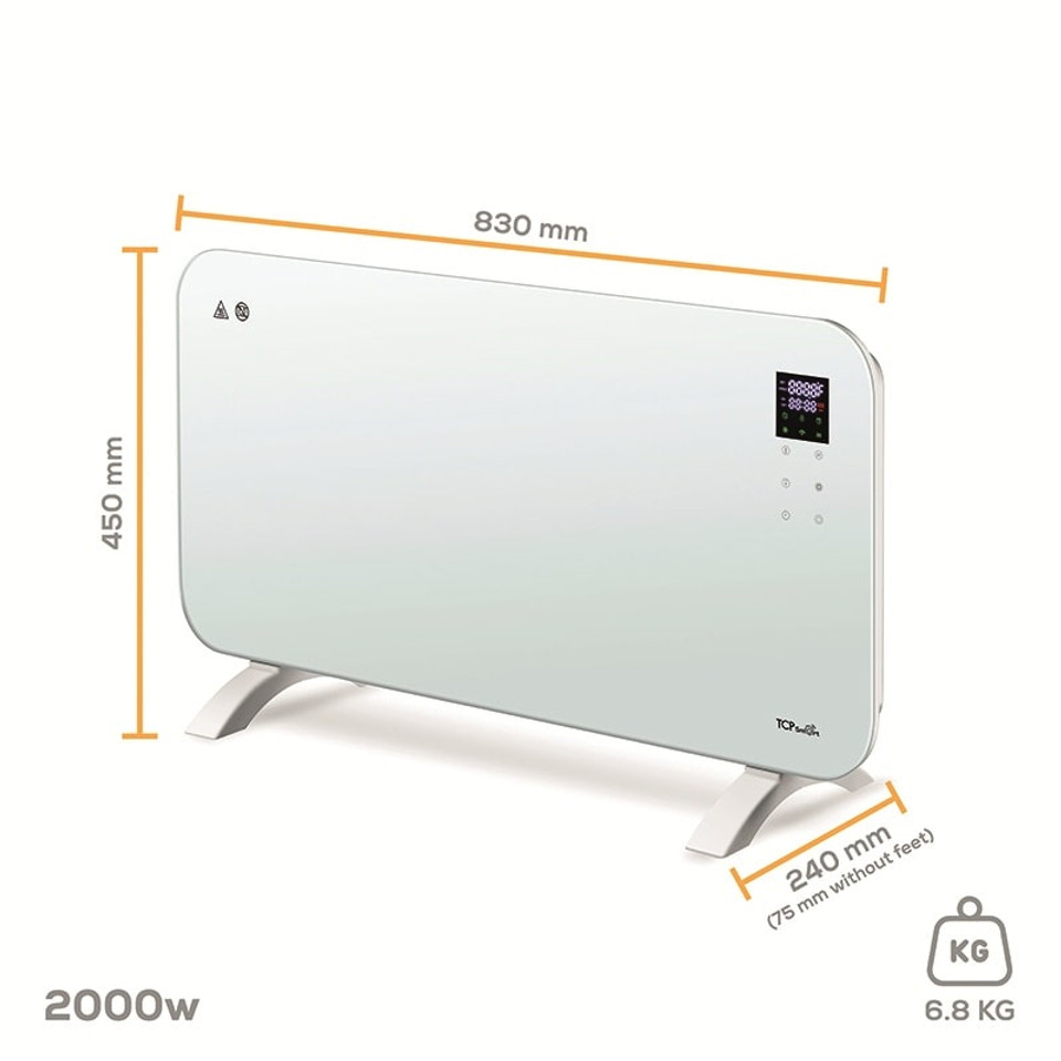 TCP Smart 2000W Wi-Fi glass panel heater in white with sleek tempered glass design