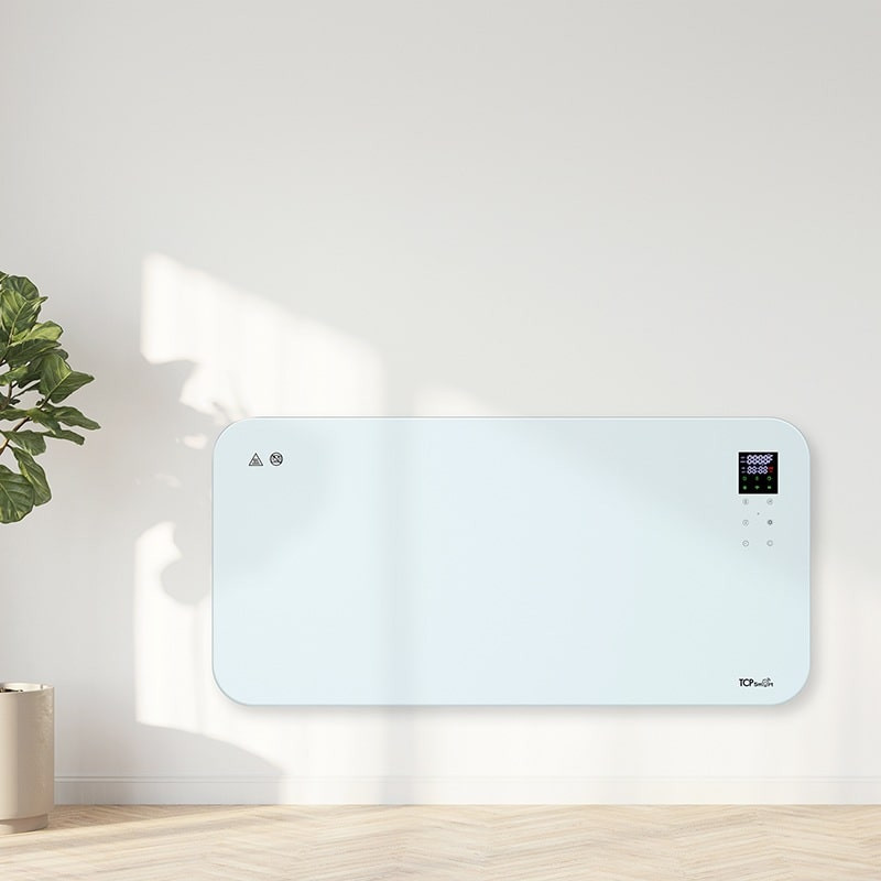 TCP Smart 2000W Wi-Fi glass panel heater in white with sleek tempered glass design