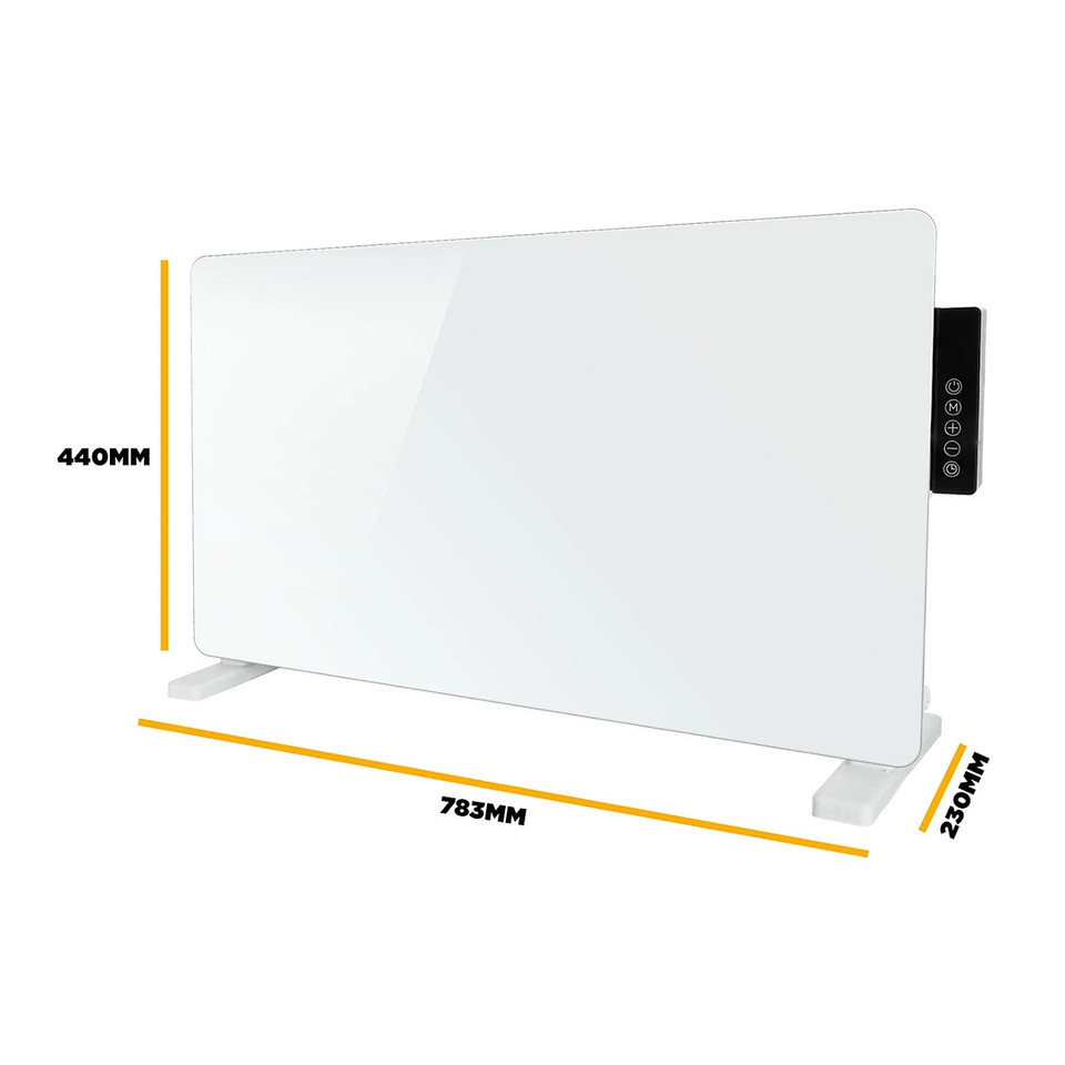 TCP 2000W White Glass Panel Heater – Wall Mounted or Freestanding with Side Control Panel