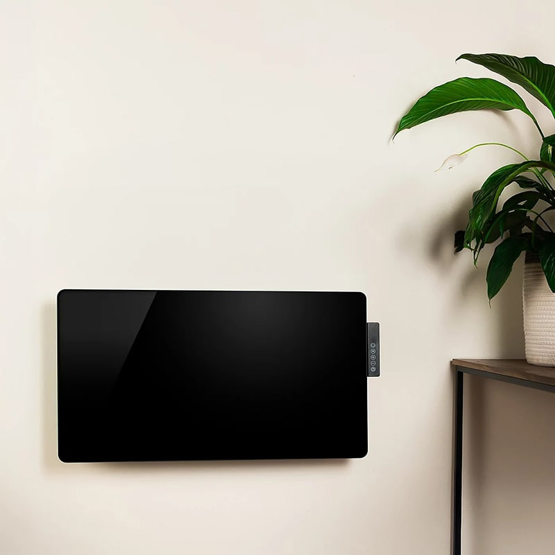 TCP 2000W black glass panel heater with side control panel and digital LED display