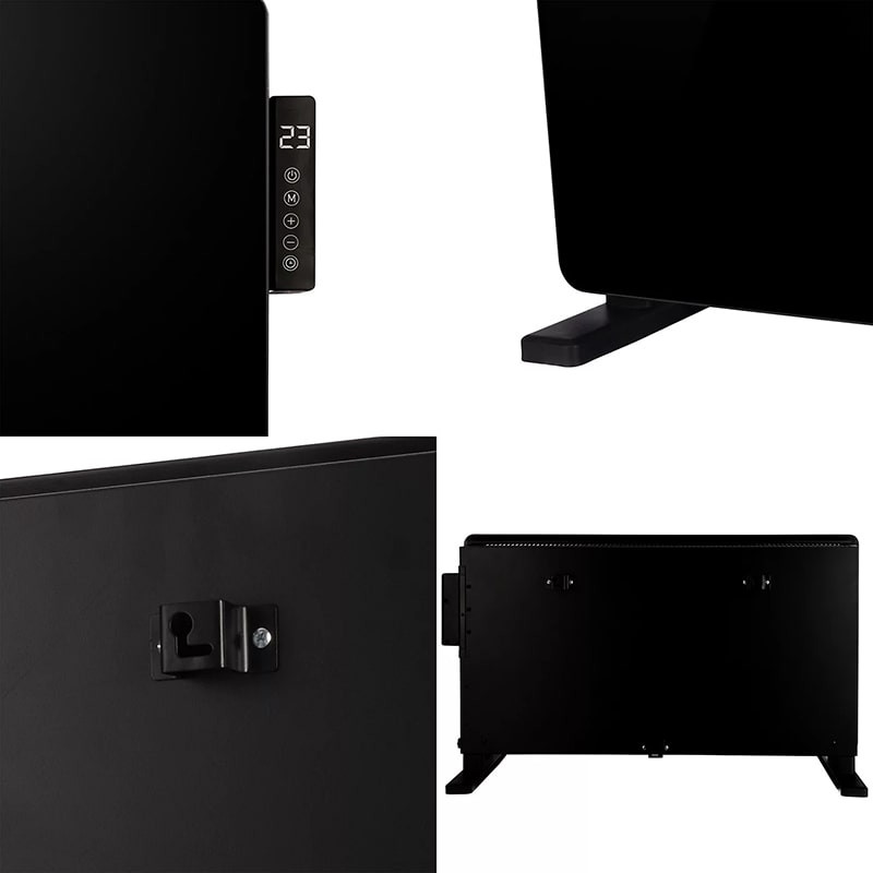 TCP 2000W black glass panel heater with side control panel and digital LED display