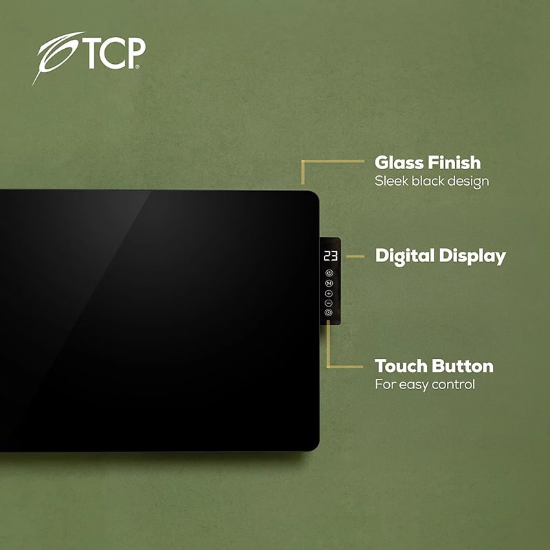 TCP 2000W black glass panel heater with side control panel and digital LED display