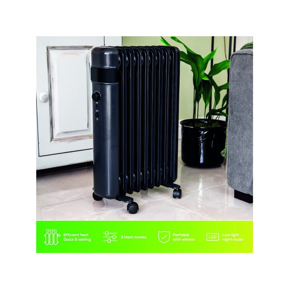 TCP Smart 2000W Black Portable 9-Fin Oil-Filled Radiator | WiFi Control & Thermostat