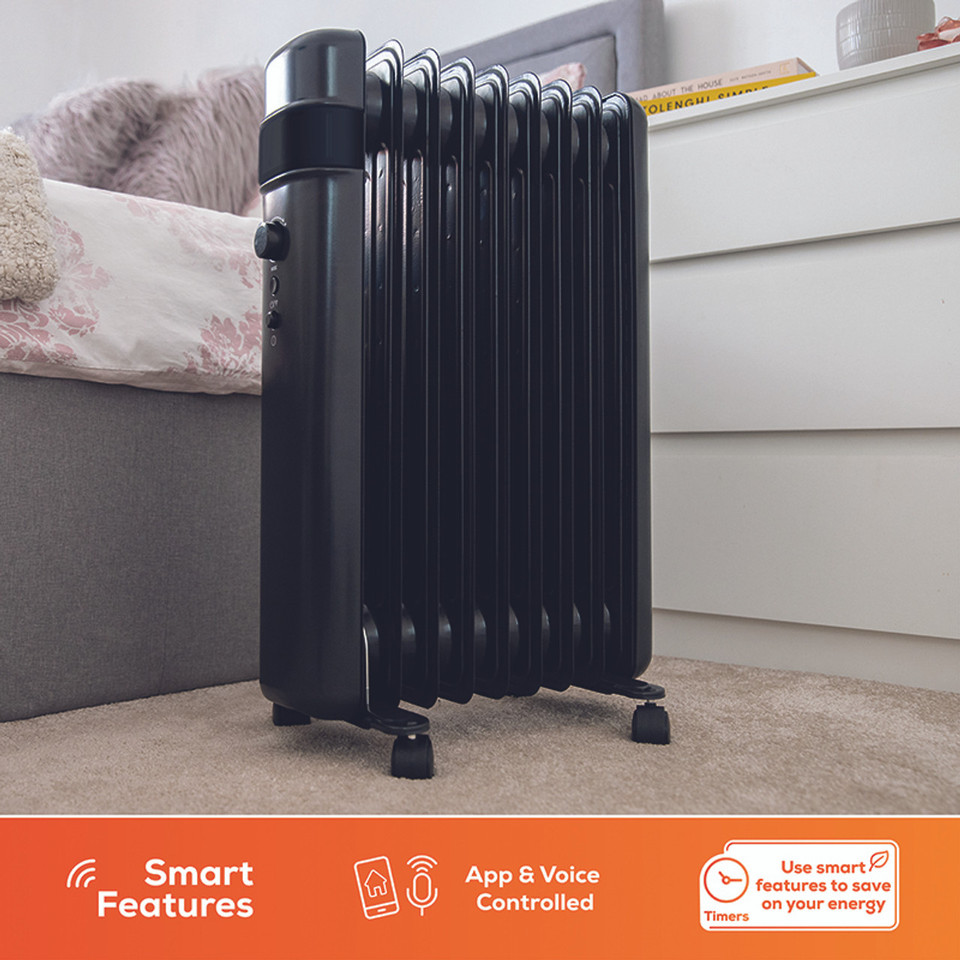 TCP Smart 2000W Black Portable 9-Fin Oil-Filled Radiator | WiFi Control & Thermostat