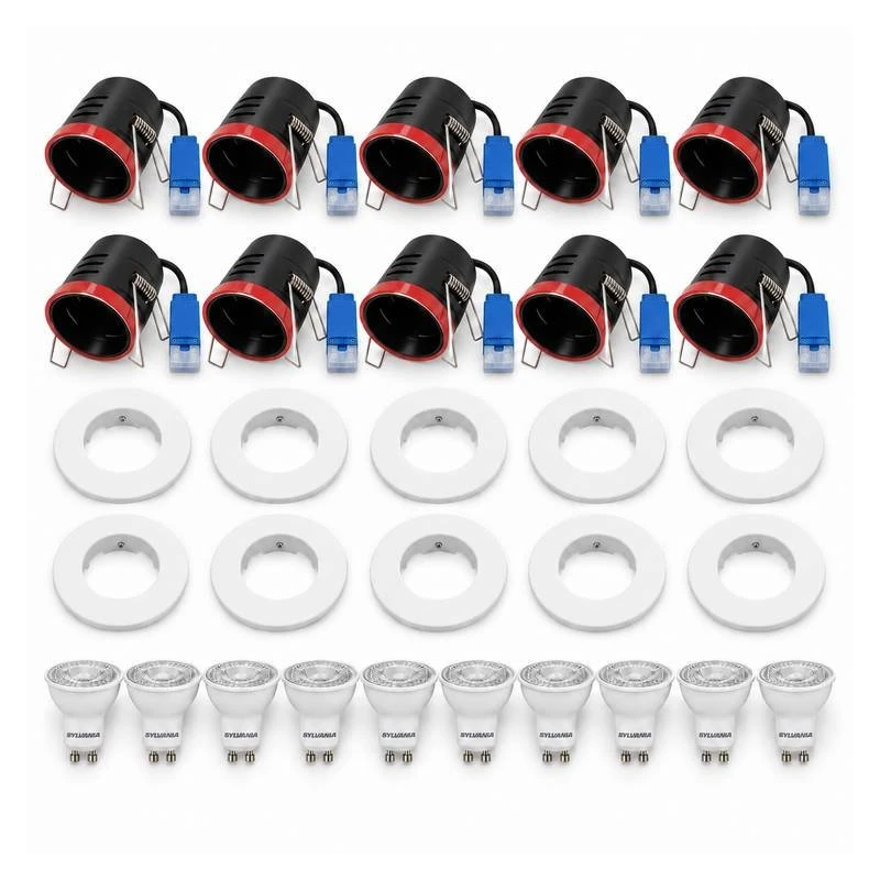 Fire rated downlights pack of 10 contents: 10 cans, 10 white bezels, 10 GU10 LED lamps