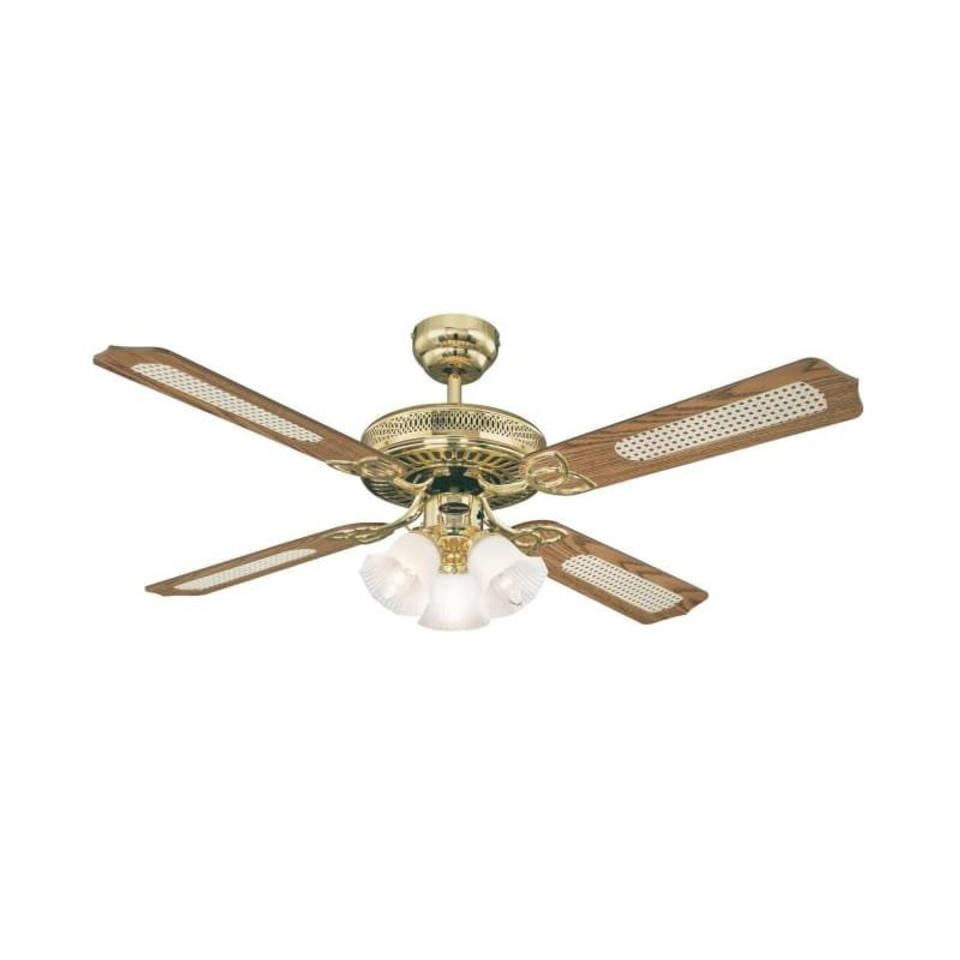 Monarch Trio 132cm Indoor Ceiling Fan Polished Brass Finish Reversible Blades (Oak with Cane/Mohogany) Frosted Glass 78171