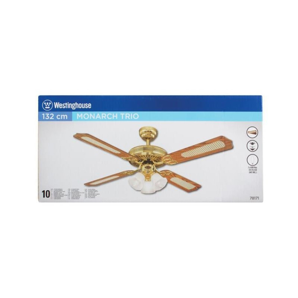 Monarch Trio 132cm Indoor Ceiling Fan Polished Brass Finish Reversible Blades (Oak with Cane/Mohogany) Frosted Glass 78171