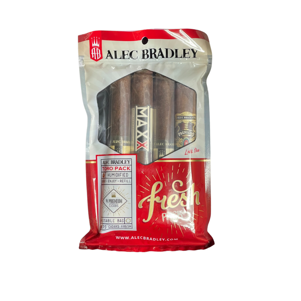 Alec Bradley Fresh Pack Toro's features 1 - Alec Bradley Black Market Esteli, 1 - Alec Bradley MAXX, 1- Alec Bradley Black Market, and 1 - Alec Bradley Prensado. All Toro-sized and the shipping is FREE!!!