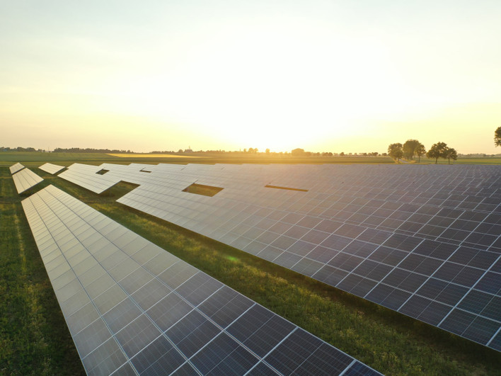 Aerial view of solar power station and solar energy panels.