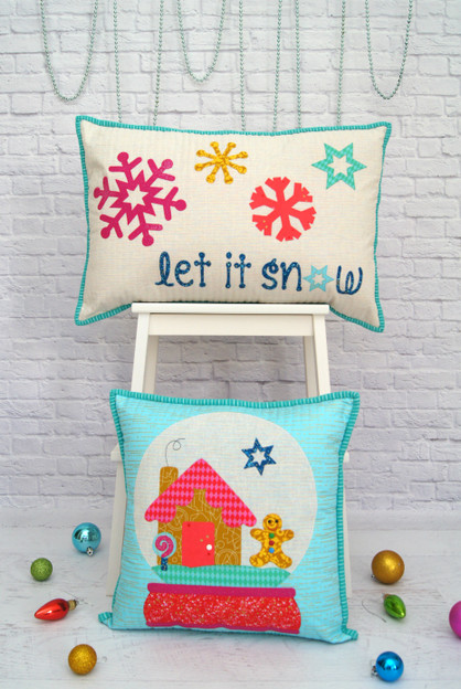 Applique Pillow set contains both Instructions to make the Snow Globe Square Pillow and Snowflakes Rectangle Pillow