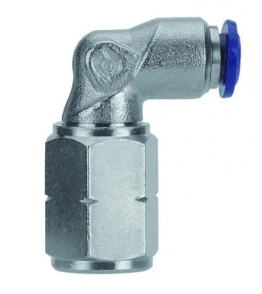 ADAPTER, 90DEG, 3/8"PUSH X 1/4"NPTF, NICKEL PLATED