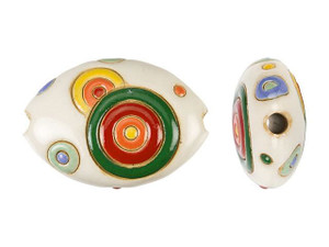 Golem Design Studio Stoneware Oval Bead - Red, Green, and White Circle Design