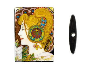 Hand-Painted Feather by Mucha on Black Agate Rectangle Bead Hand-Painted Feather by Mucha on Black Agate Rectangle Bead