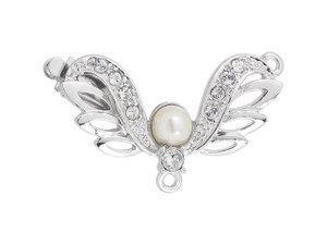 Rhodium-Plated Angel Wings Clasp with White Pearl and Crystals Rhodium-Plated Angel Wings Clasp with White Pearl and Crystals