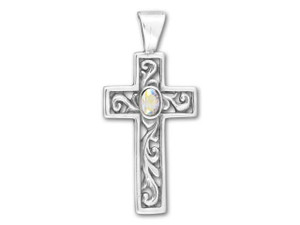 Sterling Silver Ornate Cross with Crystal AB Center Charm Sterling Silver Ornate Cross with Crystal AB Center Charm