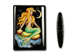 25x35mm Rectangle Black Agate Mermaid Looking at Moon 25x35mm Rectangle Black Agate Mermaid Looking at Moon