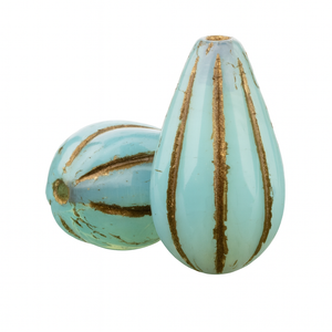 Czech Glass 13 x 8mm Aqua Blue Opaline Vaseline with Dark Bronze Finish Melon Drop Bead Strand by Raven's Journey Czech Glass 13 x 8mm Aqua Blue Opaline Vaseline with Dark Bronze Finish Melon Drop Bead Strand by Raven's Journey