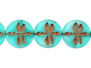Czech Glass 18mm Aqua Matte with White Core and Copper Wash Dragonfly Coin Bead Strand by Raven's Journey Czech Glass 18mm Aqua Matte with White Core and Copper Wash Dragonfly Coin Bead Strand by Raven's Journey