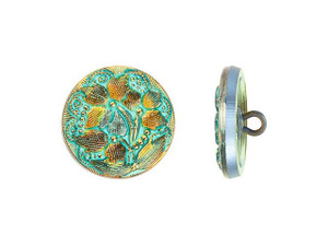 Czech Glass 18mm Round Lacy 3 Flower Design Golden Orange Iridescent with Turquoise Wash and Gold Paint Glass Button by Raven's Journey Czech Glass 18mm Round Lacy 3 Flower Design Golden Orange Iridescent with Turquoise Wash and Gold Paint Glass Button by Raven's Journey