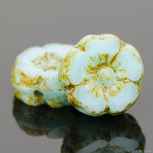 Czech Glass 9mm Sky Blue Silk with Picasso Finish Hibiscus Flower Bead Strand by Raven's Journey Czech Glass 9mm Sky Blue Silk with Picasso Finish Hibiscus Flower Bead Strand by Raven's Journey