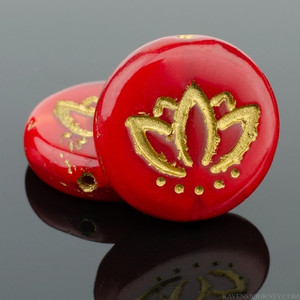 Czech Glass 14mm Lotus Flower Coin Deep Red Opaline with Gold Wash Bead Strand by Raven's Journey Czech Glass 14mm Lotus Flower Coin Deep Red Opaline with Gold Wash Bead Strand by Raven's Journey