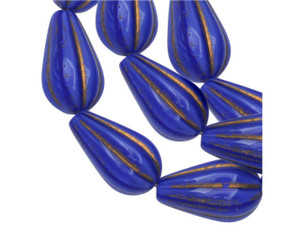 Czech Glass 13 x 8mm Royal Blue Silk with Dark Bronze Wash Melon Drop Bead Strand by Raven's Journey Czech Glass 13 x 8mm Royal Blue Silk with Dark Bronze Wash Melon Drop Bead Strand by Raven's Journey