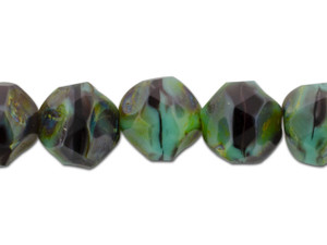 Limited Edition Czech Glass Turquoise Opaque and Purple Transparent Mix with Picasso Finish 9mm Central Cut Bead Strand by Raven's Journey Limited Edition Czech Glass Turquoise Opaque and Purple Transparent Mix with Picasso Finish 9mm Central Cut Bead Strand by Raven's Journey