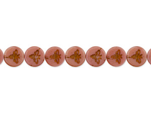 Czech Glass 12mm Pressed Coin with Bee Pink Silk with Dark Bronze Wash Bead Strand by Raven's Journey Czech Glass 12mm Pressed Coin with Bee Pink Silk with Dark Bronze Wash Bead Strand by Raven's Journey