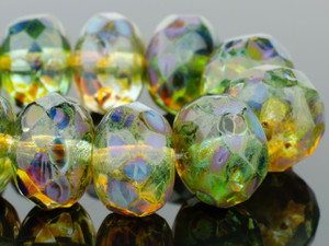 Czech Glass Rondelle (9x6mm) Blue Green Picasso Fullcoat Transparent Bead Strand by Raven's Journey Czech Glass Rondelle (9x6mm) Blue Green Picasso Fullcoat Transparent Bead Strand by Raven's Journey