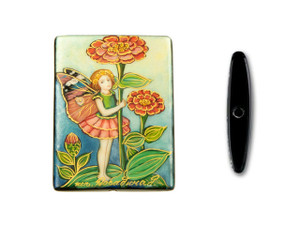 British Fairy Hugging Flower Black Agate Rectangle Bead British Fairy Hugging Flower Black Agate Rectangle Bead