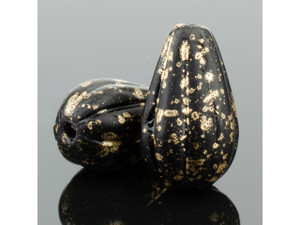 Czech Glass Melon Drop (13x8mm) Jet Black Opaque Matte with Antique Gold Finish Bead Strand by Raven's Journey Czech Glass Melon Drop (13x8mm) Jet Black Opaque Matte with Antique Gold Finish Bead Strand by Raven's Journey